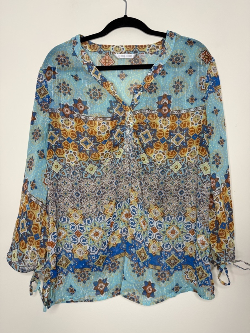 ERIN LONDON Boho Floral Sheer Metallic Thread Blue Longsleeve Blouse
